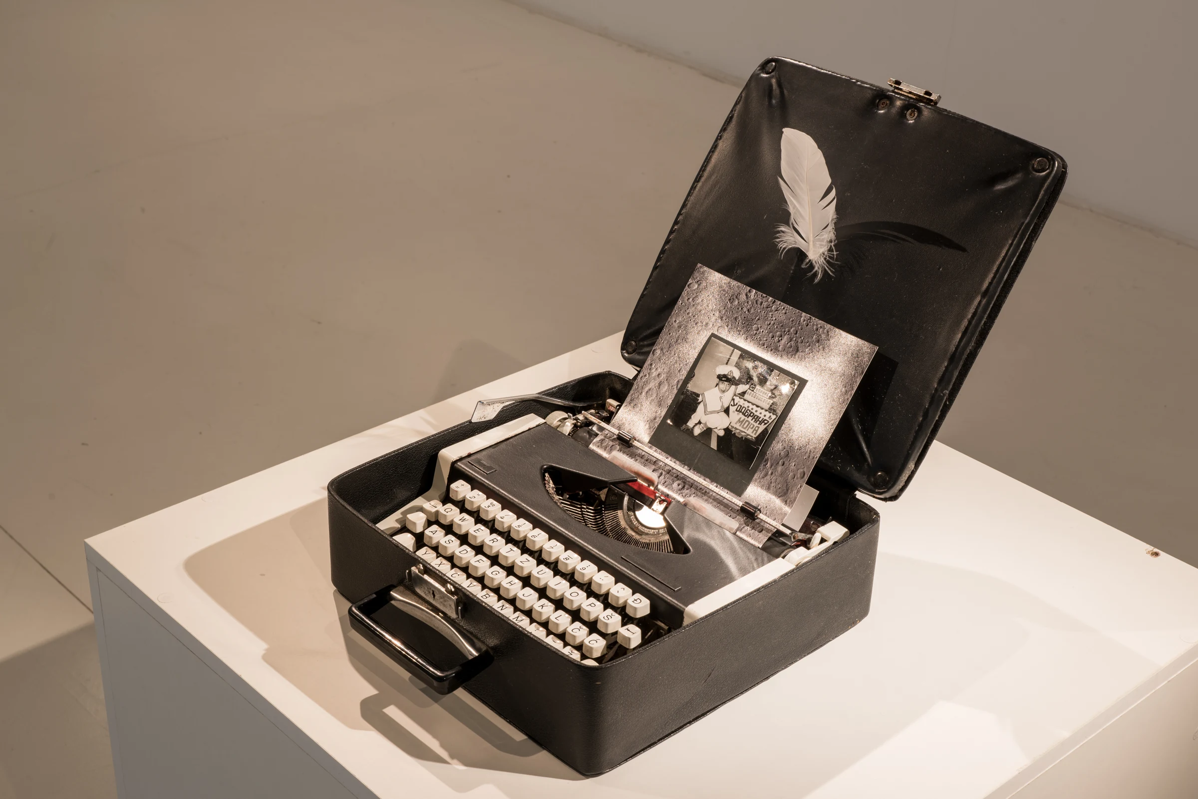 Fleet in Being (2018) — typewriter, photograph from artist’s archive, feather by Siniša Radulović