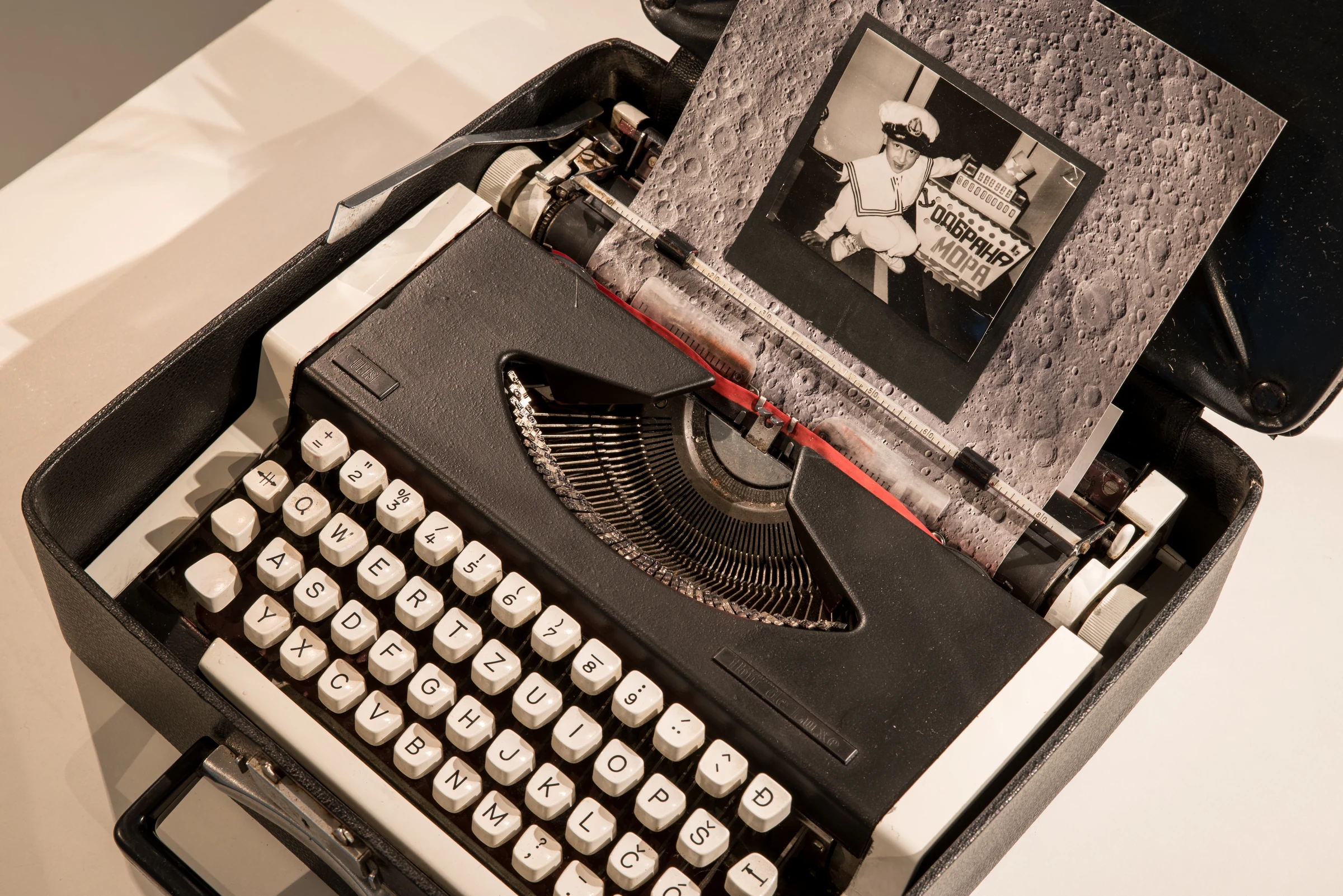 Fleet in Being (2018) — typewriter, photograph from artist’s archive, feather by Siniša Radulović