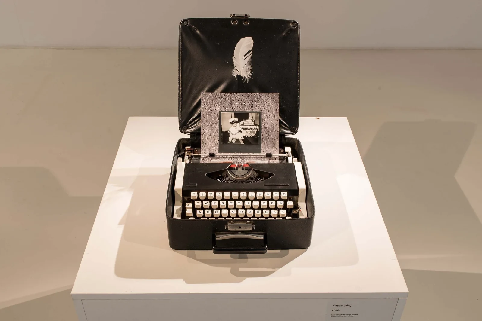 Fleet in Being (2018) — typewriter, photograph from artist’s archive, feather by Siniša Radulović