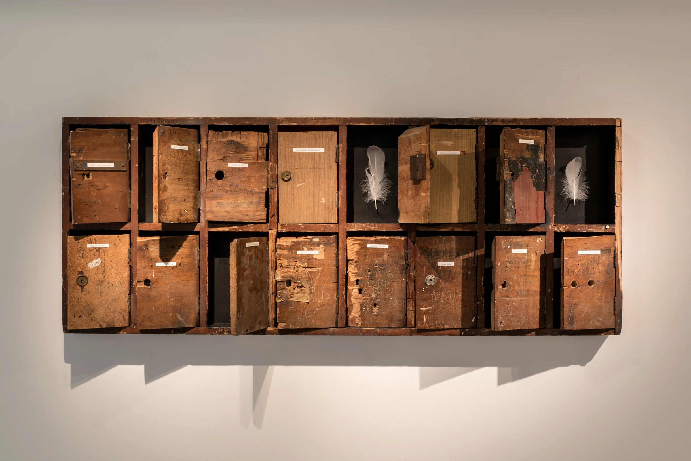 Fly Me to the Moon (2018) — wooden mailboxes, feathers by Siniša Radulović