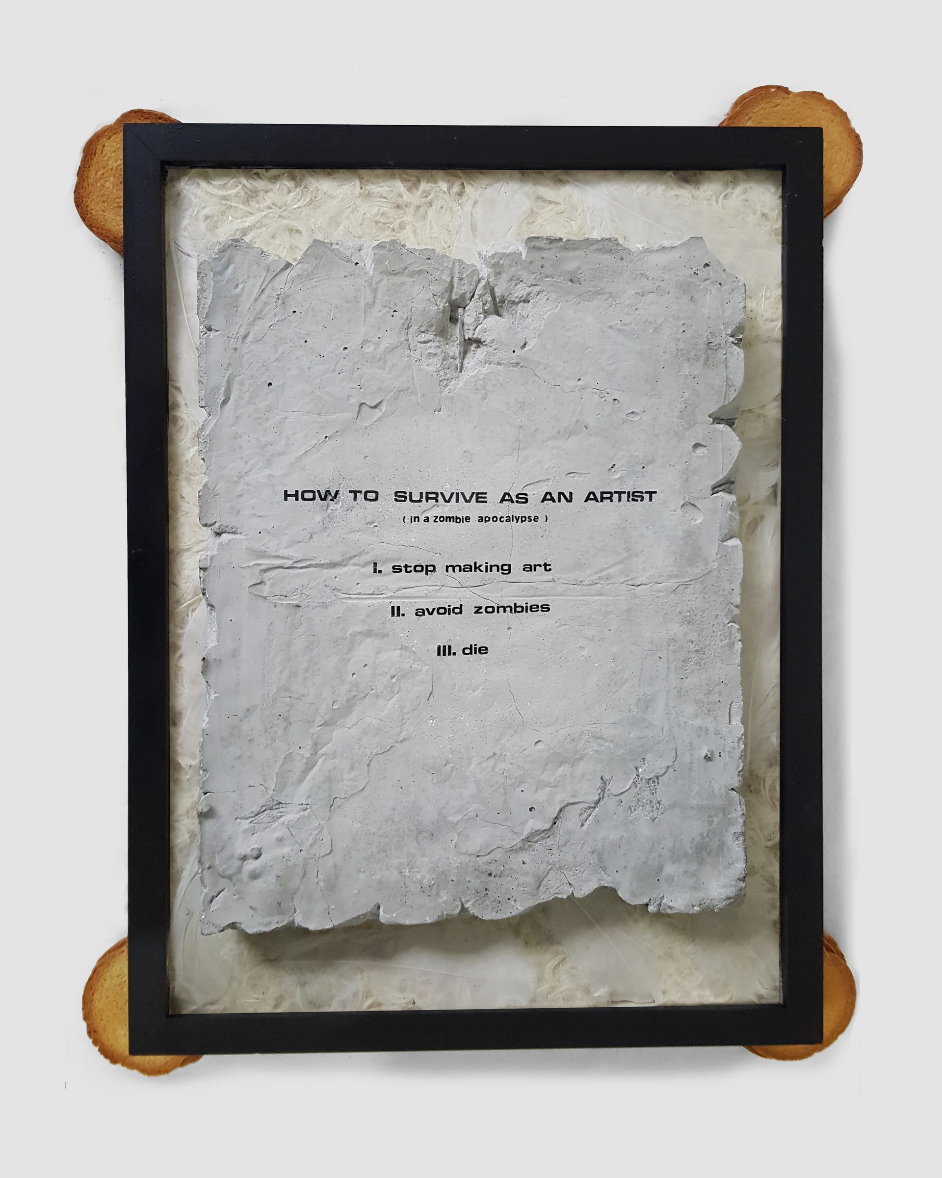How to Survive (2018) — cement, feathers, Melba toast by Siniša Radulović